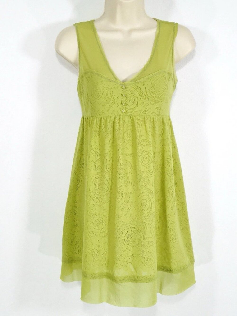 Free People Lime Green Tunic Mini Dress Sz S Stretch Lace Crystal Buttons Dainty